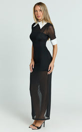 Renata Maxi Dress - Short Sleeve Contrast Collar Bodycon Dress in Black